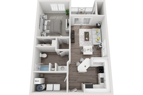 Floor plan for 1 bed, 1 bath, 728 sqft